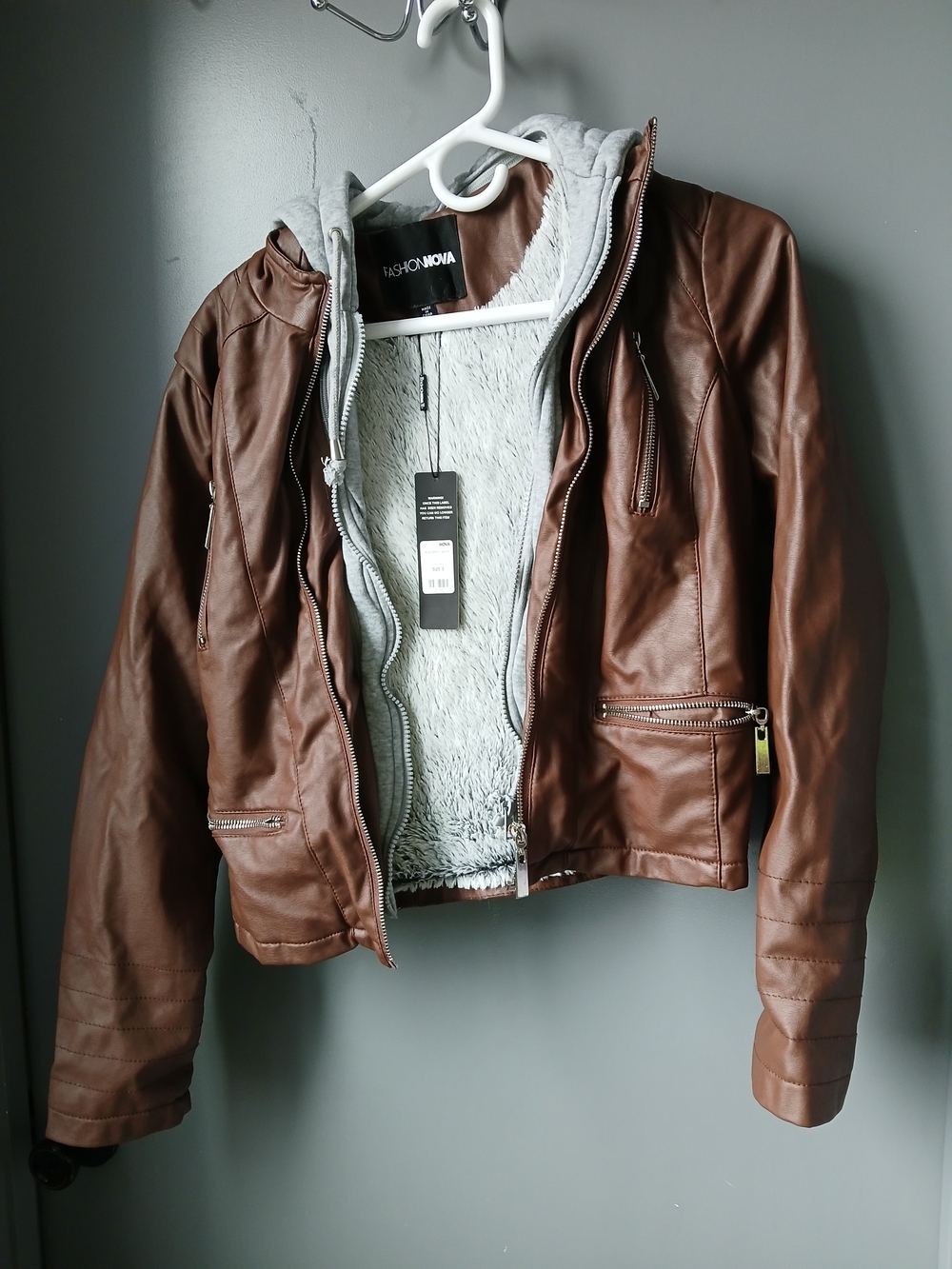 Fashion Nova Brown Faux Leather Hooded Bomber Jacket